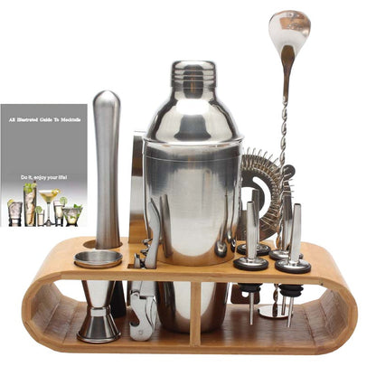 Set includes 12 PCS necessary for mixing drinks, come with a wood stand with slots for convenient storage ✔ Each item is crafted of sleek and durable stainless steel so it won't have any issues with retaining odors or staining and will last long