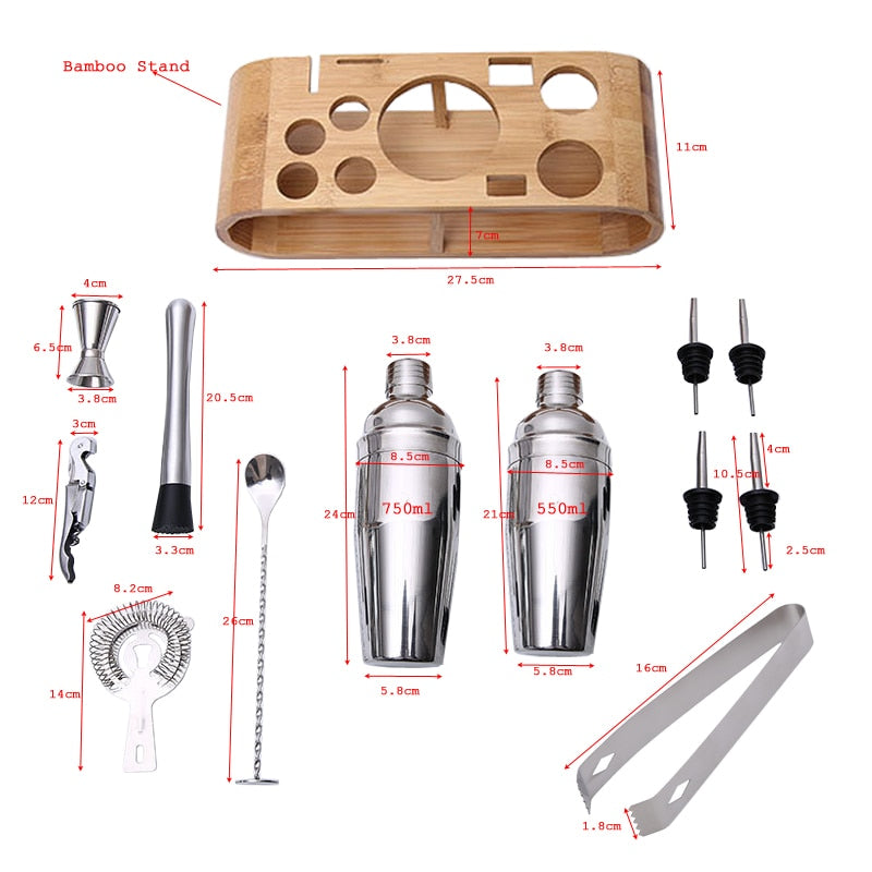 Cocktail Shaker Set with Wooden Rack - 12 Pcs