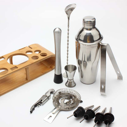 Cocktail Shaker Set with Wooden Rack - 12 Pcs
